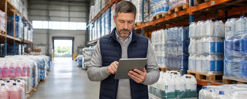 Acheteur sélectionnant des produits biocides désinfectants professionnels