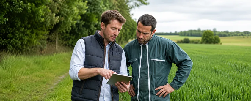 Conseiller indépendant présentant une préconisation à un agriculteur