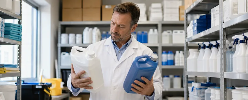 Responsable choisissant les produits désinfectants de son établissement