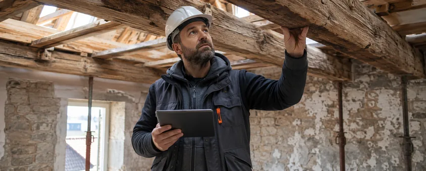 Responsable choisissant un produit de traitement du bois pour son chantier