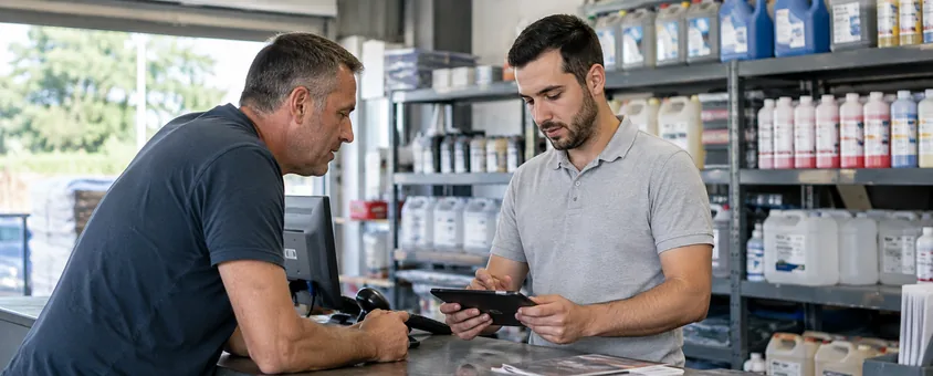 Distributeur contrôlant le certificat d’un client avant la vente