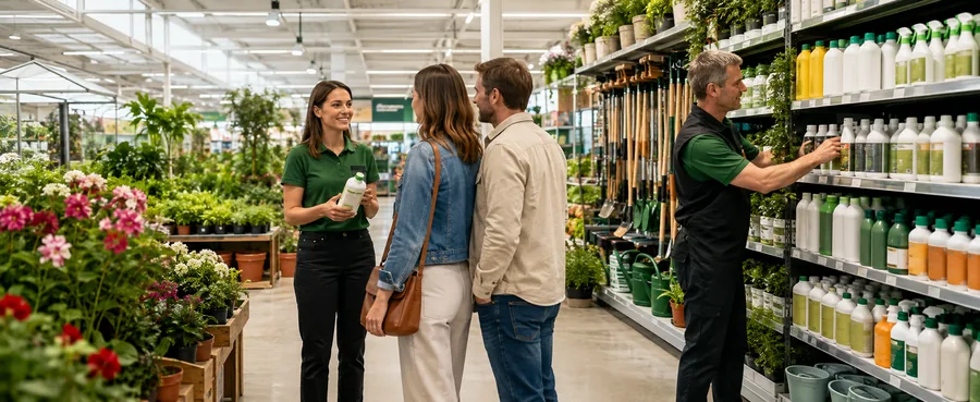 Vendeuse en jardinerie conseillant des clients au rayon des produits de jardin