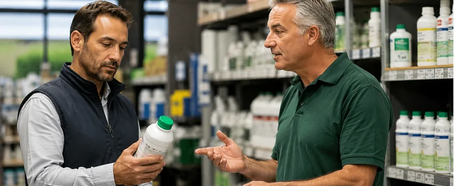Responsable de magasin vérifiant l'étiquetage d'un produit phytopharmaceutique