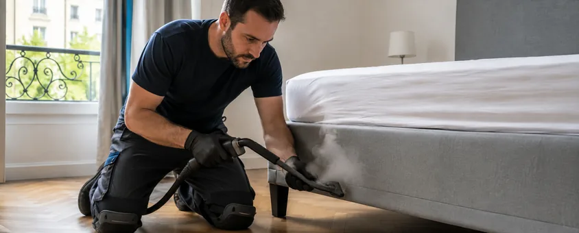 Technicien anti-nuisibles traitant une infestation de punaises de lit