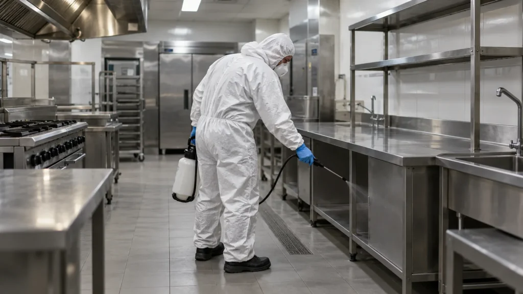Applicateur pulvérisant un insecticide biocide TP18 dans une cuisine professionnelle en inox