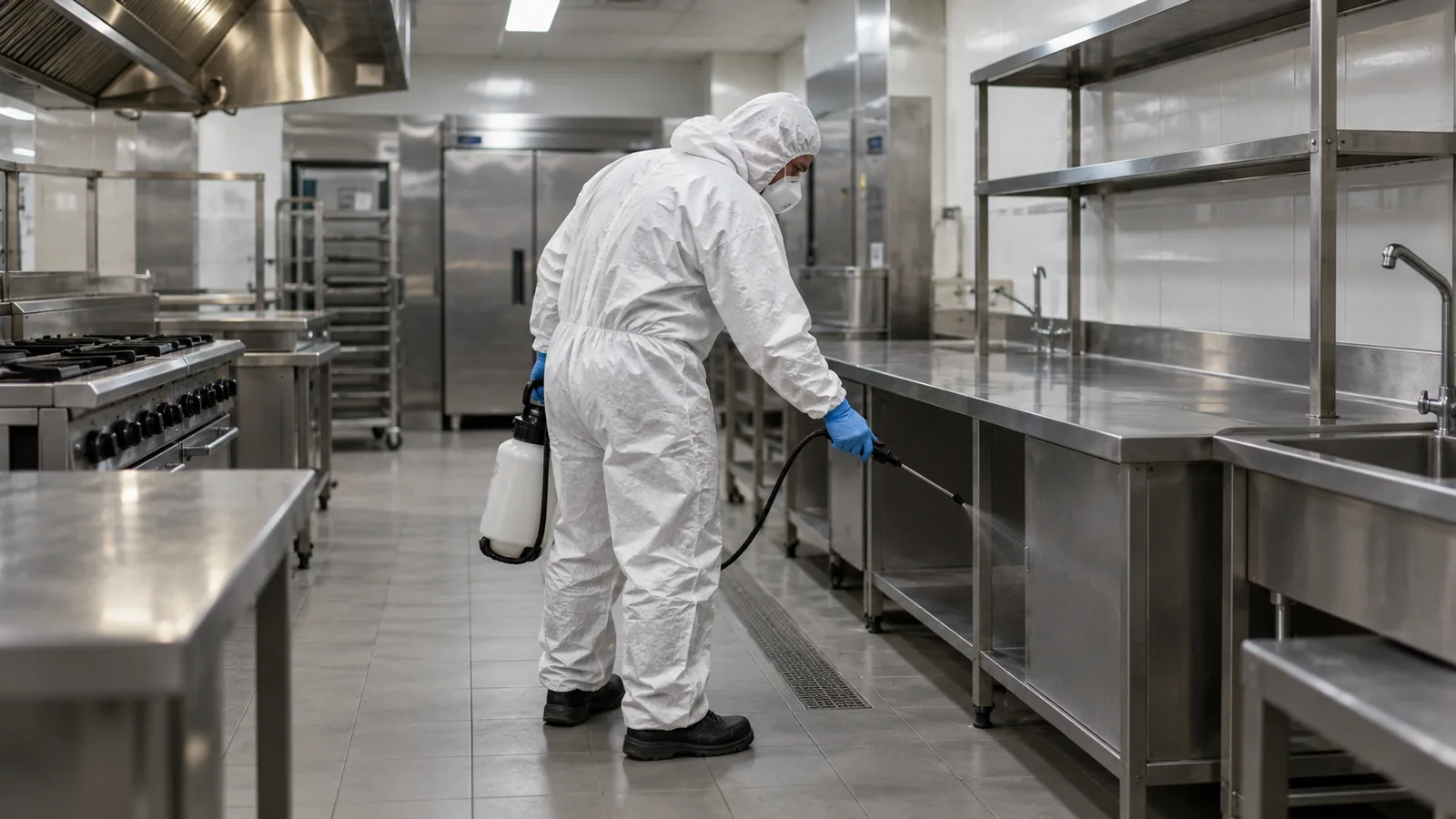 Applicateur pulvérisant un insecticide biocide TP18 dans une cuisine professionnelle en inox