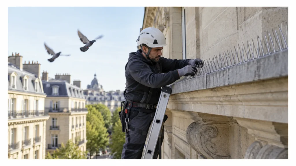Technicien posant un dispositif répulsif anti-pigeons sur une corniche, biocide TP19