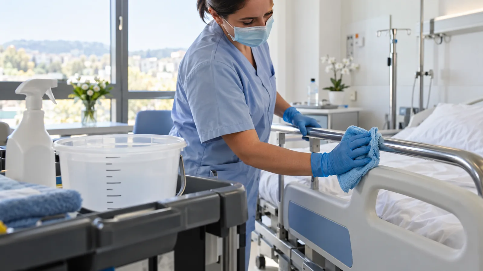 Agent de bionettoyage désinfectant la barre d'un lit d'hôpital avec un biocide TP2
