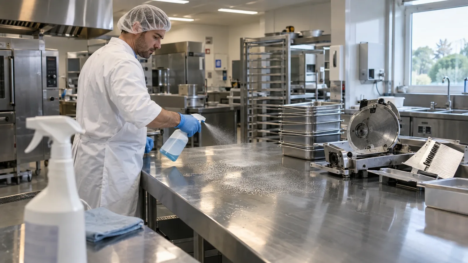 Agent d'hygiène en gants bleus pulvérisant un désinfectant biocide TP4 sur un plan de travail en inox, à côté d'une trancheuse démontée