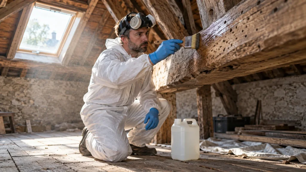 Applicateur en combinaison traitant une poutre de charpente avec un biocide TP8 de protection du bois