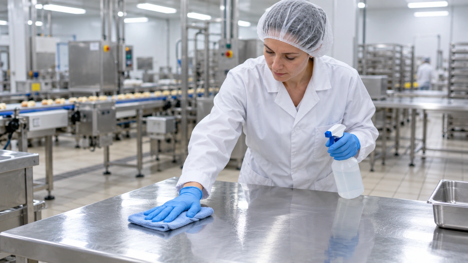 Opérateur en blouse et charlotte désinfectant un plan de travail en inox dans un atelier agroalimentaire