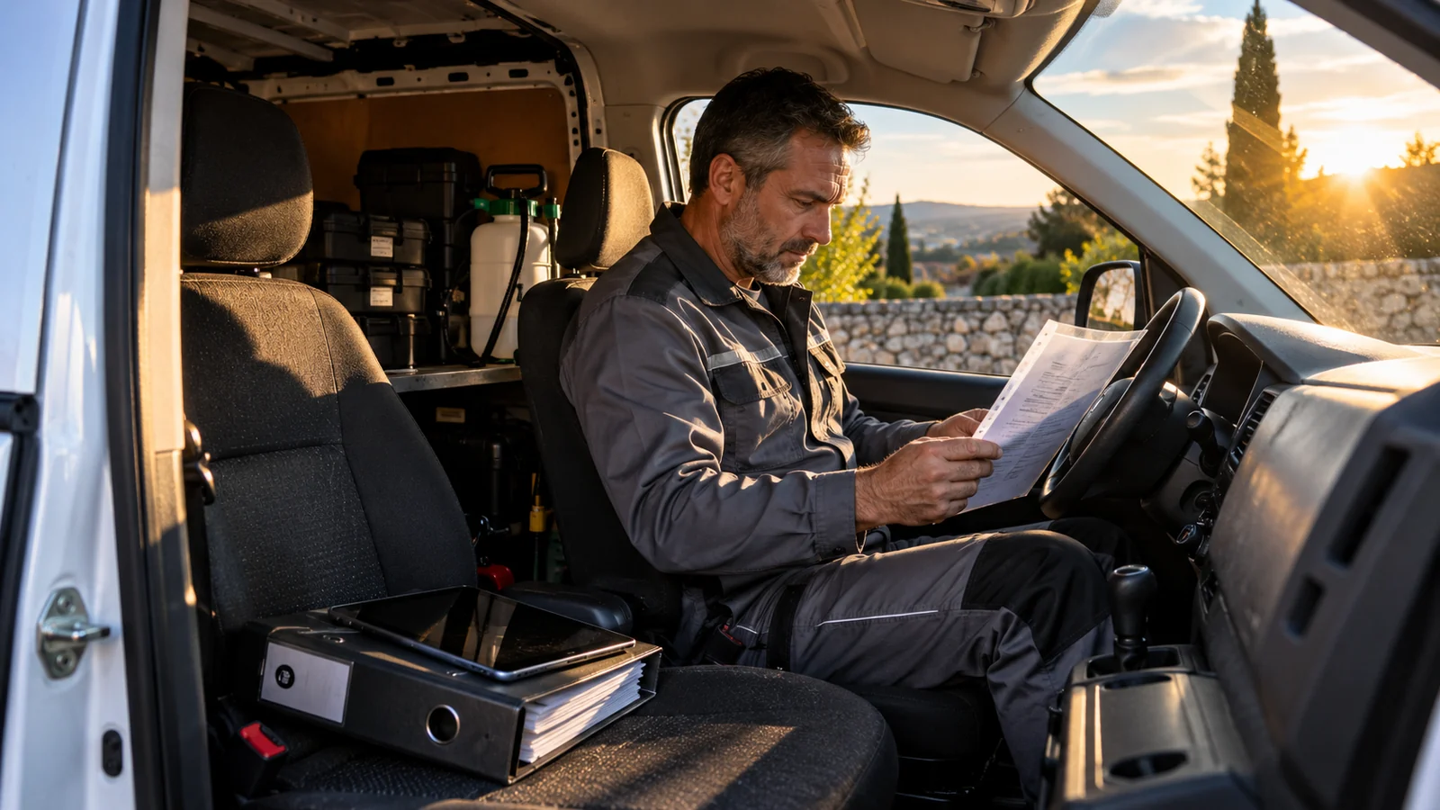 Technicien applicateur relisant son certificat Certibiocide arrivé à échéance au volant de sa camionnette