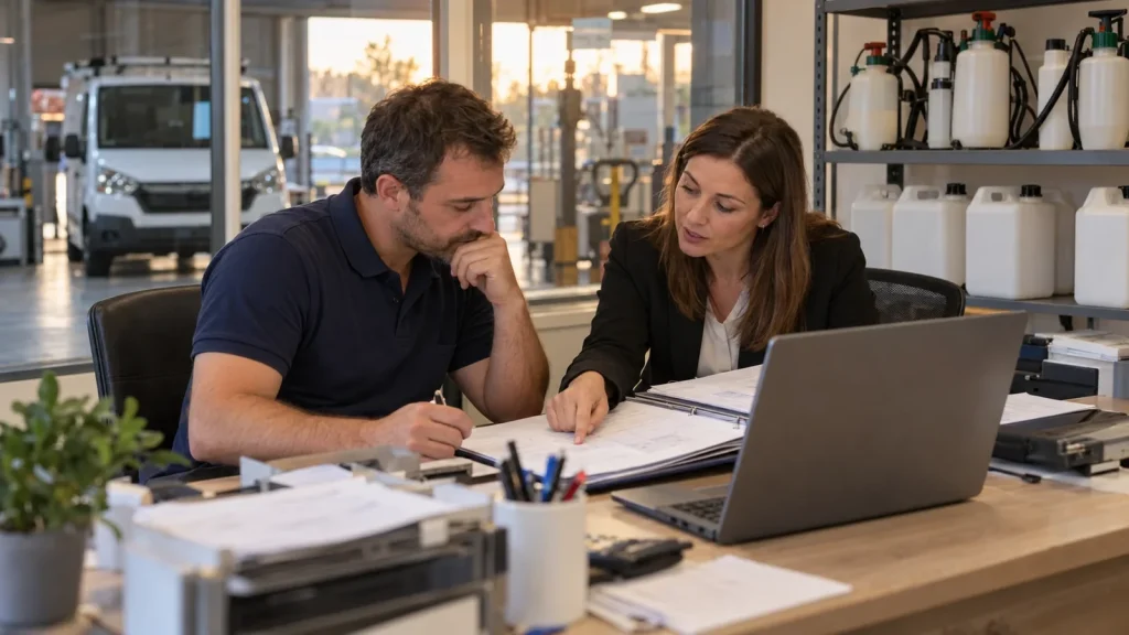 Gérant d'une entreprise de dératisation préparant son dossier de financement de formation avec une conseillère dans le bureau de son dépôt