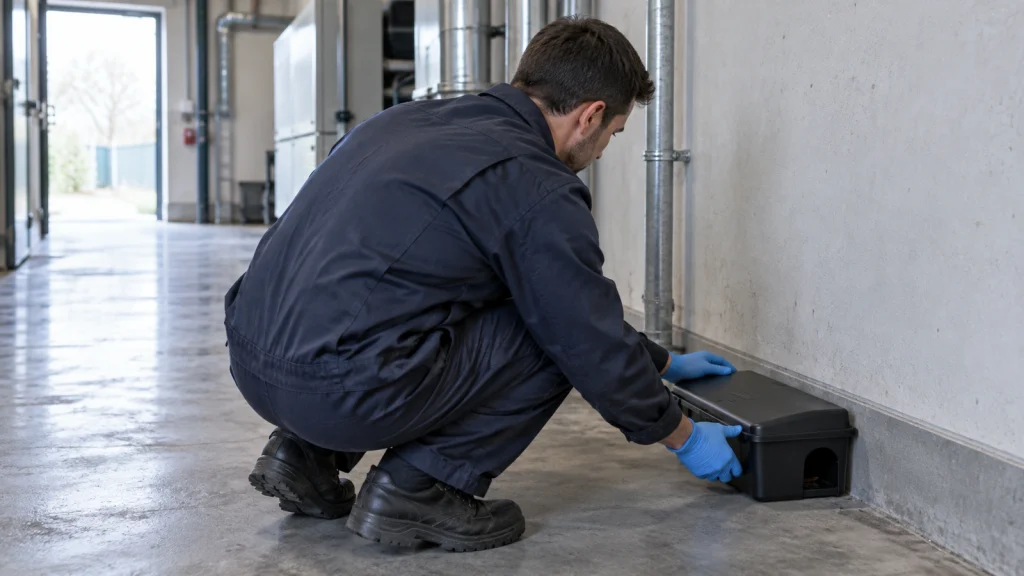 Technicien hygiéniste installant un poste d'appâtage sécurisé le long d'un mur de local technique