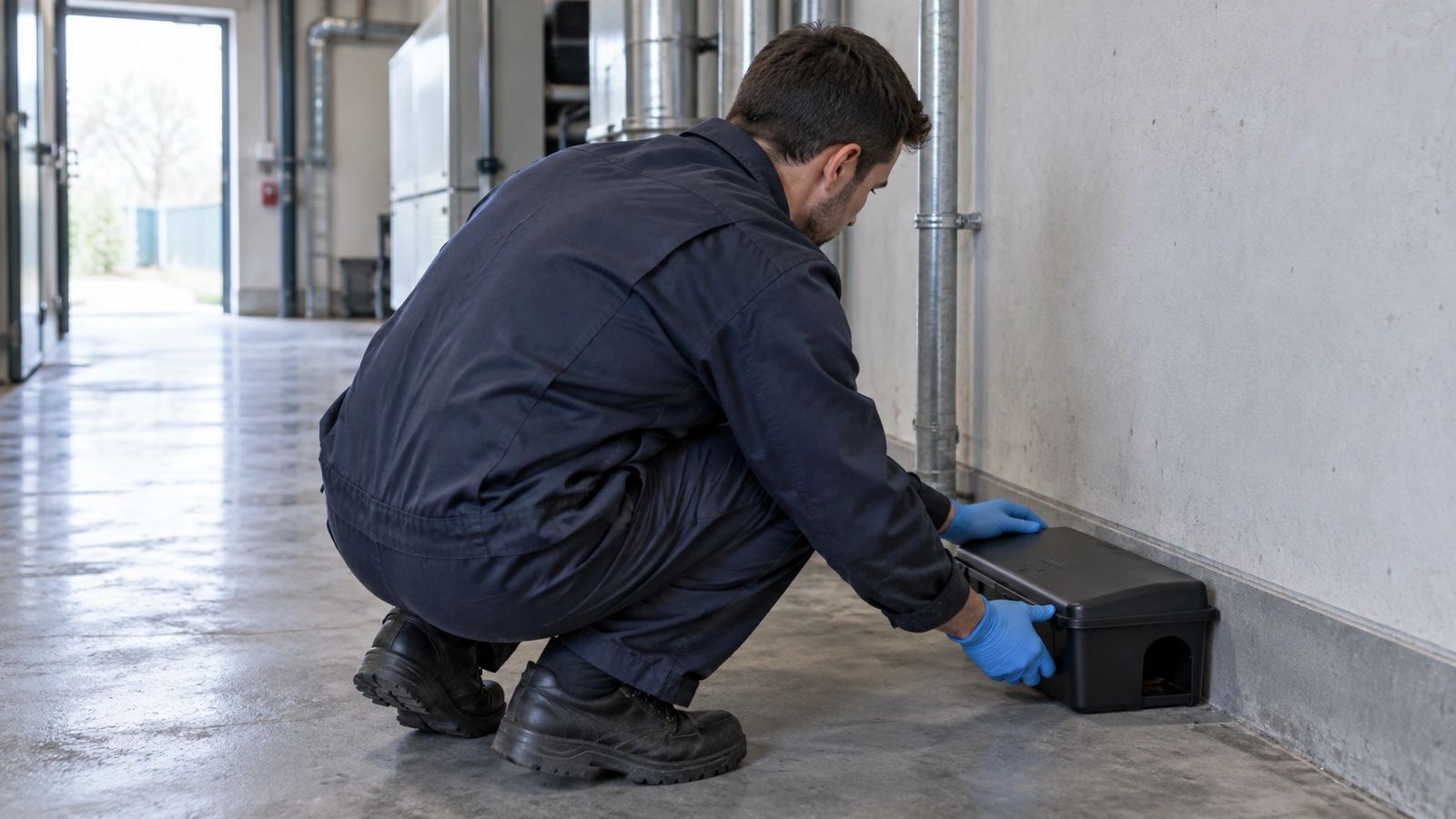 Technicien hygiéniste installant un poste d'appâtage sécurisé le long d'un mur de local technique