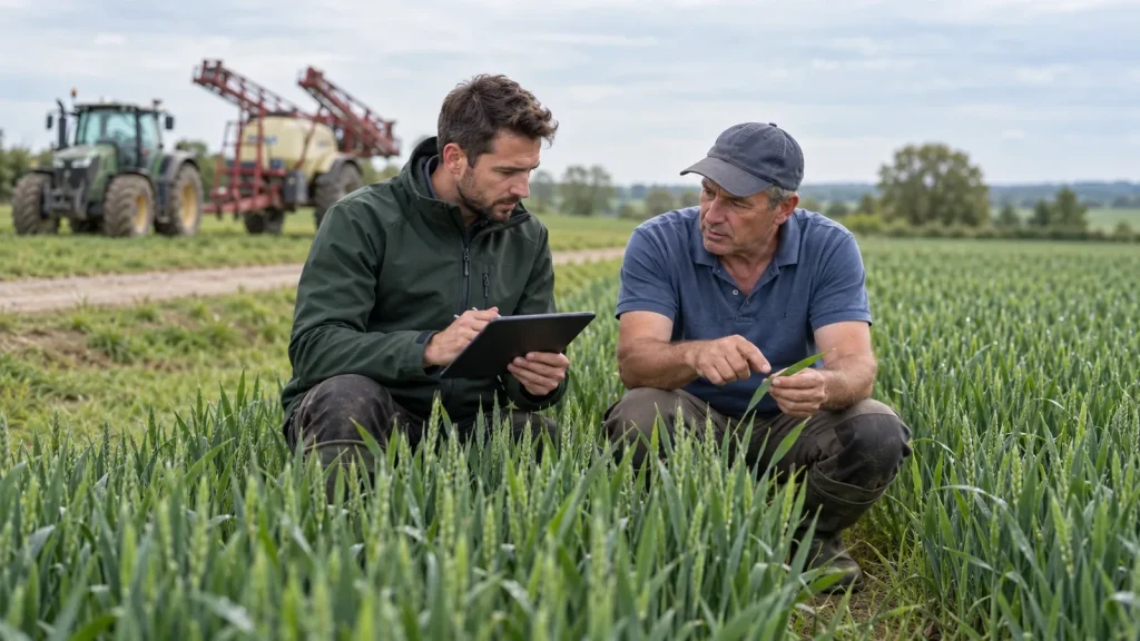 Technicien de coopérative rédigeant un conseil phytosanitaire écrit pour un céréalier en bordure de parcelle, depuis la loi Duplomb