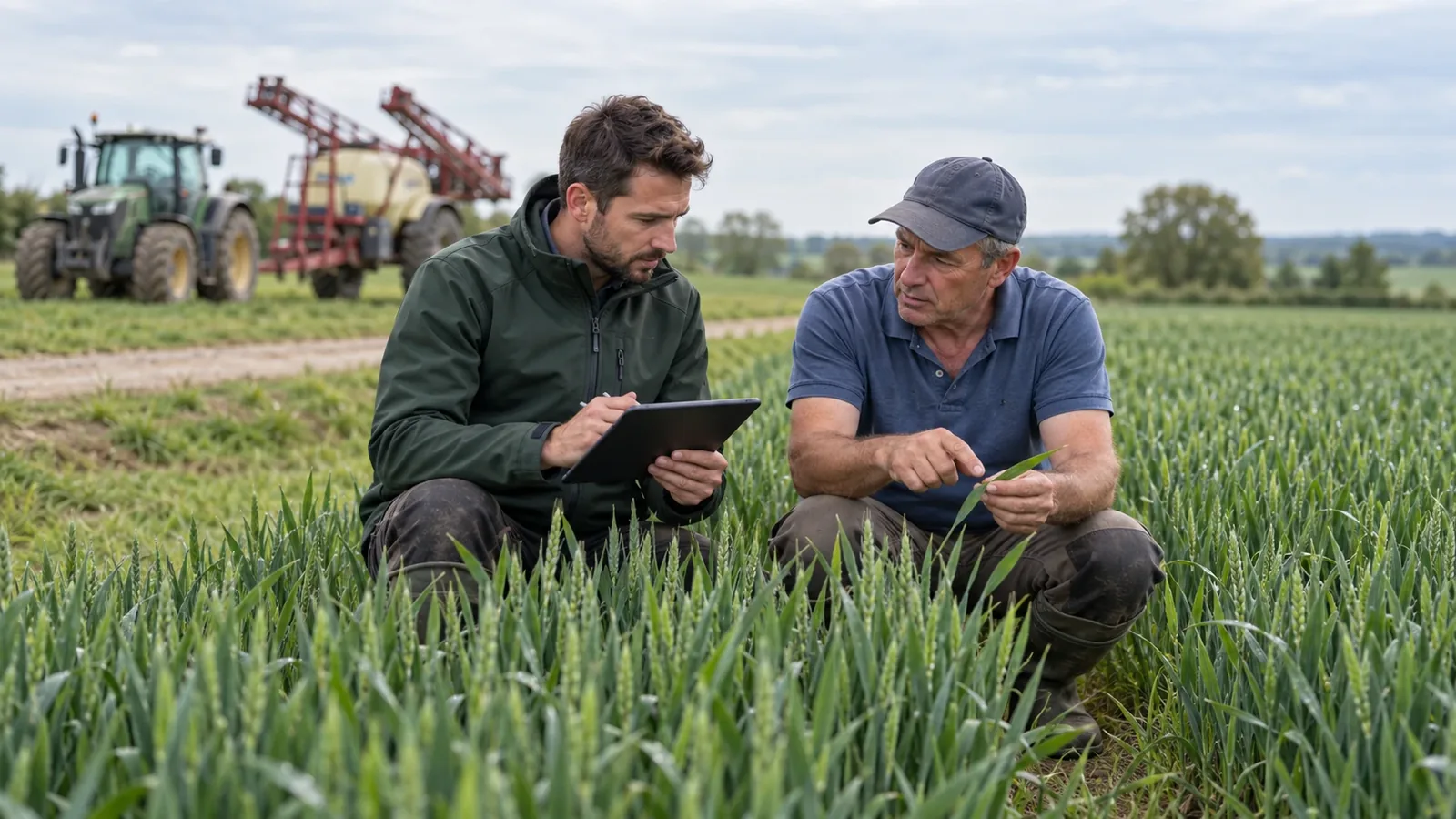 Technicien de coopérative rédigeant un conseil phytosanitaire écrit pour un céréalier en bordure de parcelle, depuis la loi Duplomb