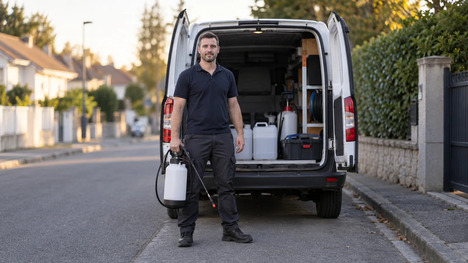 Dératiseur professionnel équipé devant son utilitaire, un métier au salaire encadré