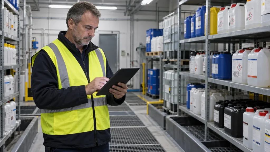 Responsable hygiène vérifiant le registre dans un local de stockage de produits biocides