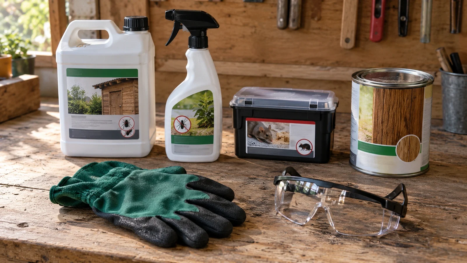 Bidon, pulvérisateur, poste d'appâtage et pot de traitement du bois, quatre types de produits biocides