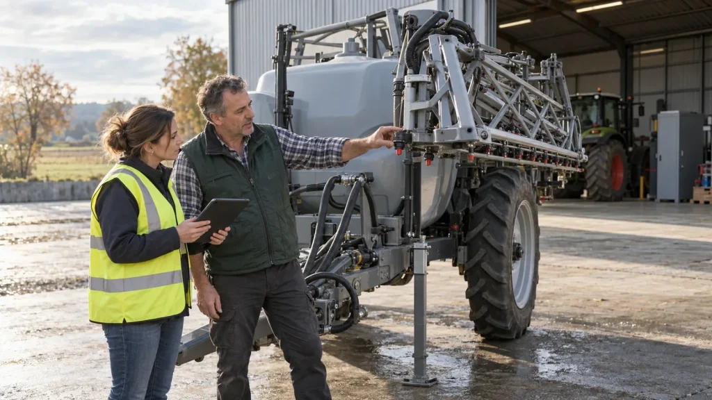 Gérant d'une entreprise de travaux agricoles présentant son pulvérisateur à une auditrice lors de l'audit d'agrément phytosanitaire