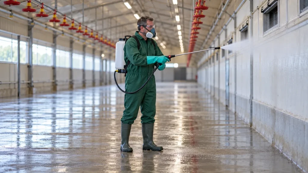 Éleveur équipé de gants, lunettes et masque pulvérisant un désinfectant biocide TP3 dans un bâtiment d'élevage vide pendant le vide sanitaire
