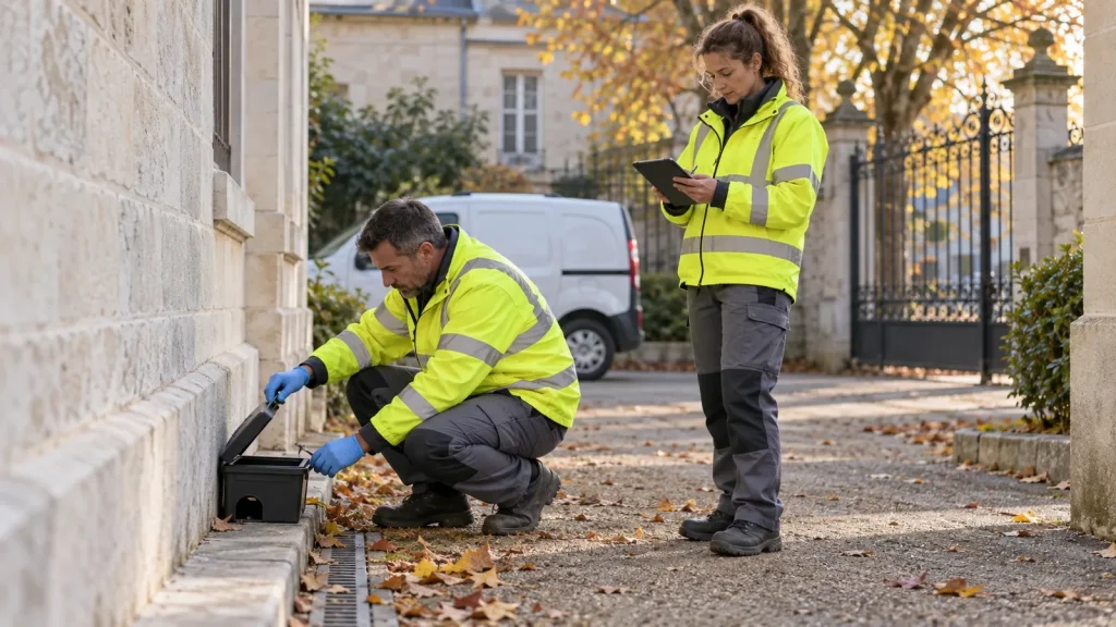 Agents municipaux formés au Certibiocide contrôlant un poste d'appâtage sécurisé le long d'un bâtiment communal