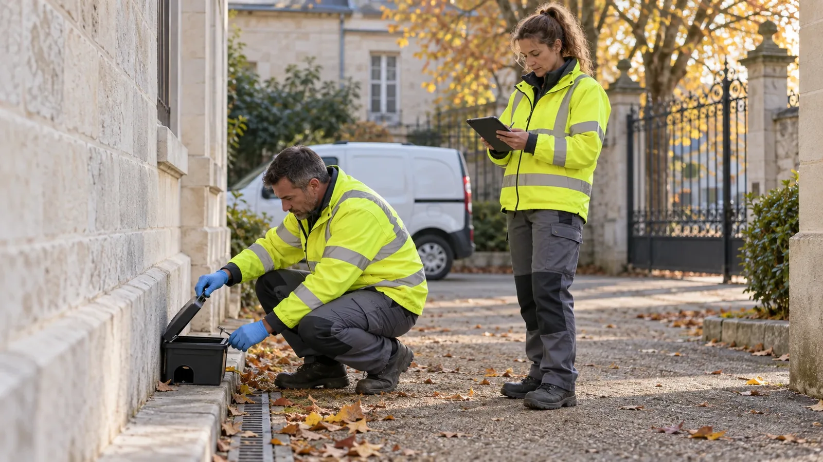 Agents municipaux formés au Certibiocide contrôlant un poste d'appâtage sécurisé le long d'un bâtiment communal