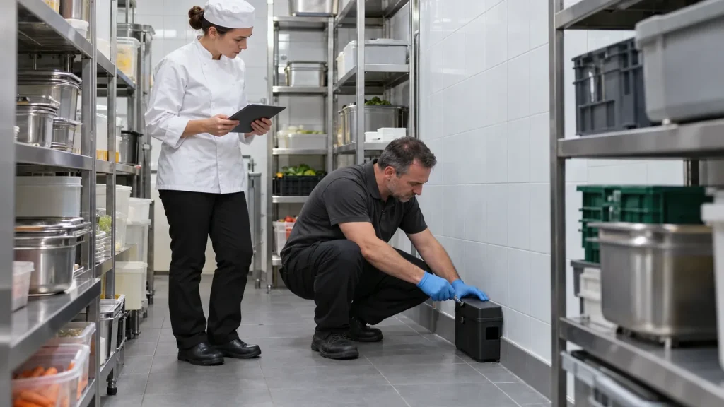 Technicien et cheffe de cuisine contrôlant un poste d'appâtage dans la réserve d'un restaurant, dans le cadre du plan de lutte contre les nuisibles