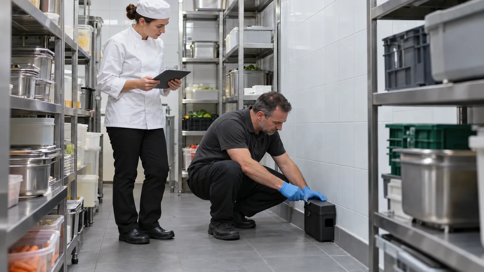 Technicien et cheffe de cuisine contrôlant un poste d'appâtage dans la réserve d'un restaurant, dans le cadre du plan de lutte contre les nuisibles