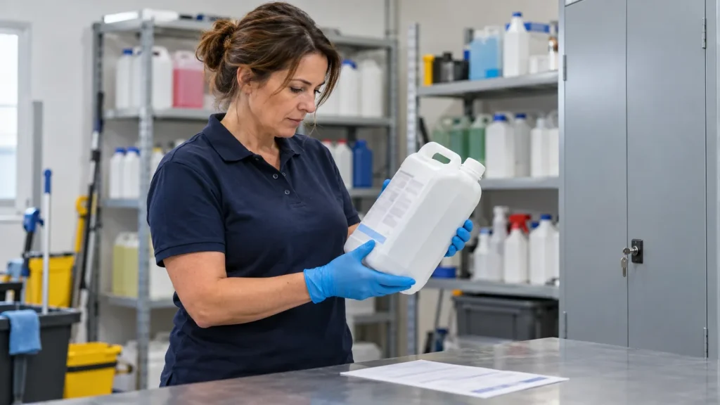Responsable d'entretien lisant l'étiquette d'un bidon de désinfectant pour vérifier s'il s'agit d'un produit biocide réservé aux professionnels