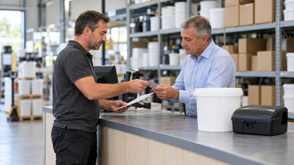 Technicien présentant son certificat au comptoir d'un distributeur professionnel pour acheter un raticide professionnel