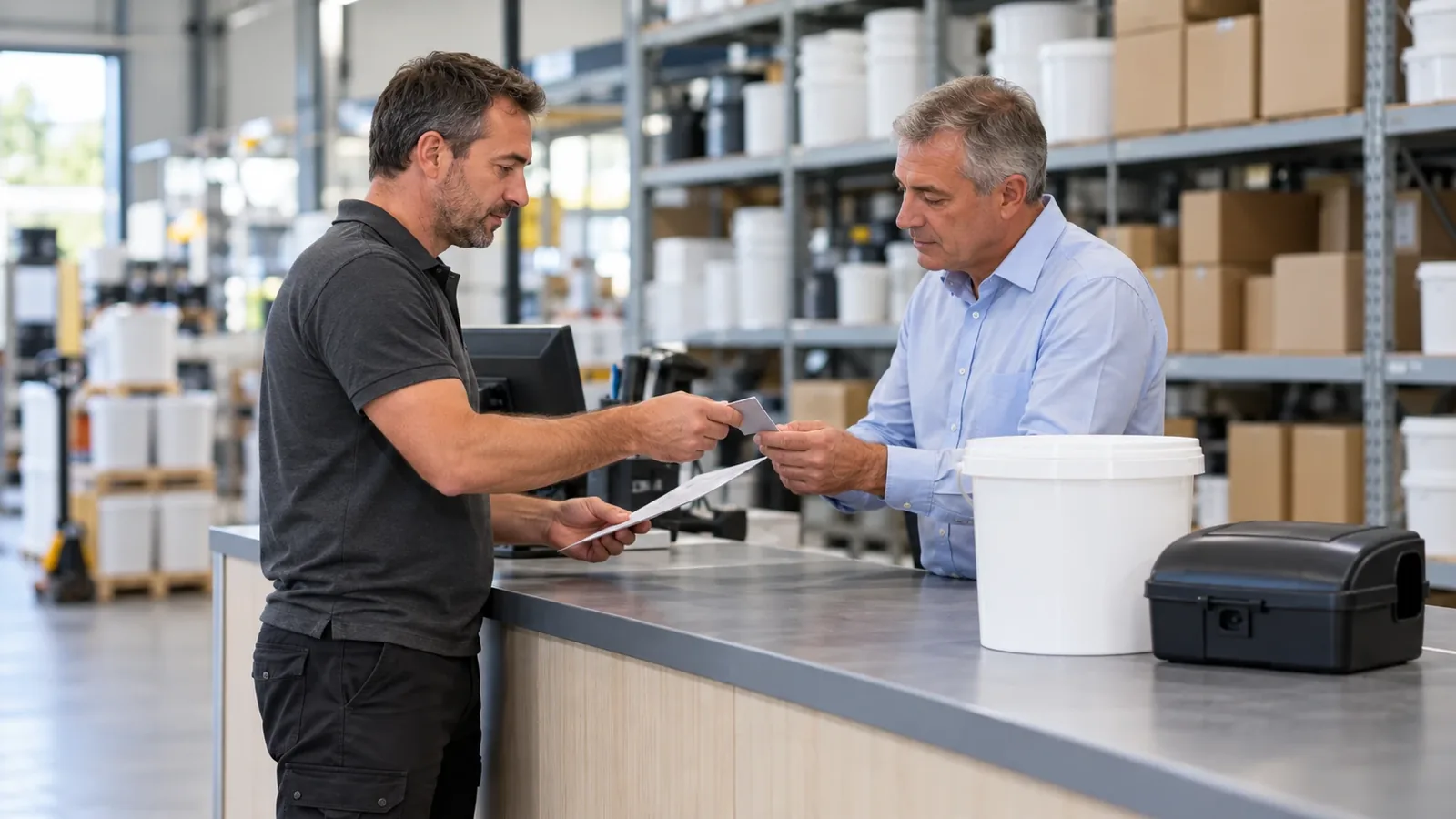 Technicien présentant son certificat au comptoir d'un distributeur professionnel pour acheter un raticide professionnel