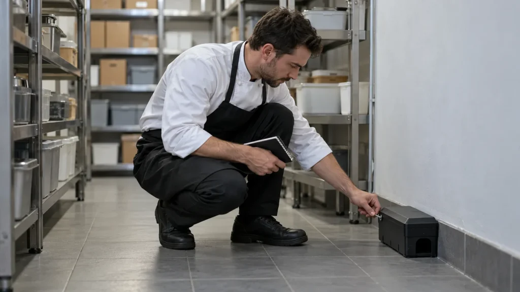 Second de cuisine contrôlant un poste d'appâtage fermé dans la réserve d'un restaurant, pour la lutte contre les nuisibles