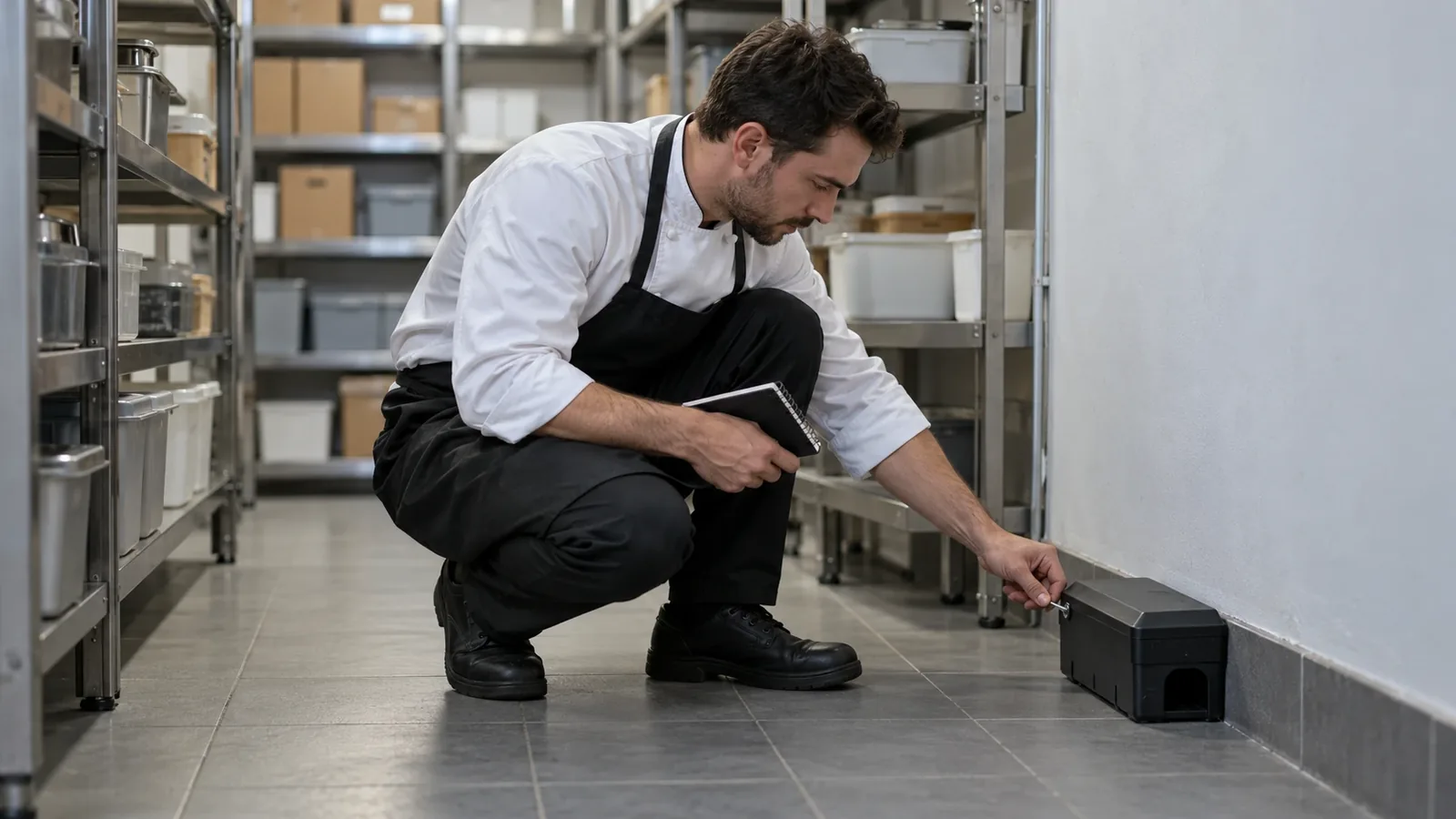 Second de cuisine contrôlant un poste d'appâtage fermé dans la réserve d'un restaurant, pour la lutte contre les nuisibles
